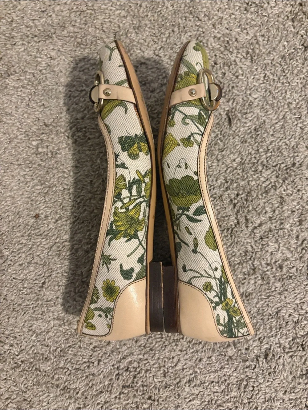 Gucci Floral Canvas Bamboo Bit Ballet Flats in Green and Cream